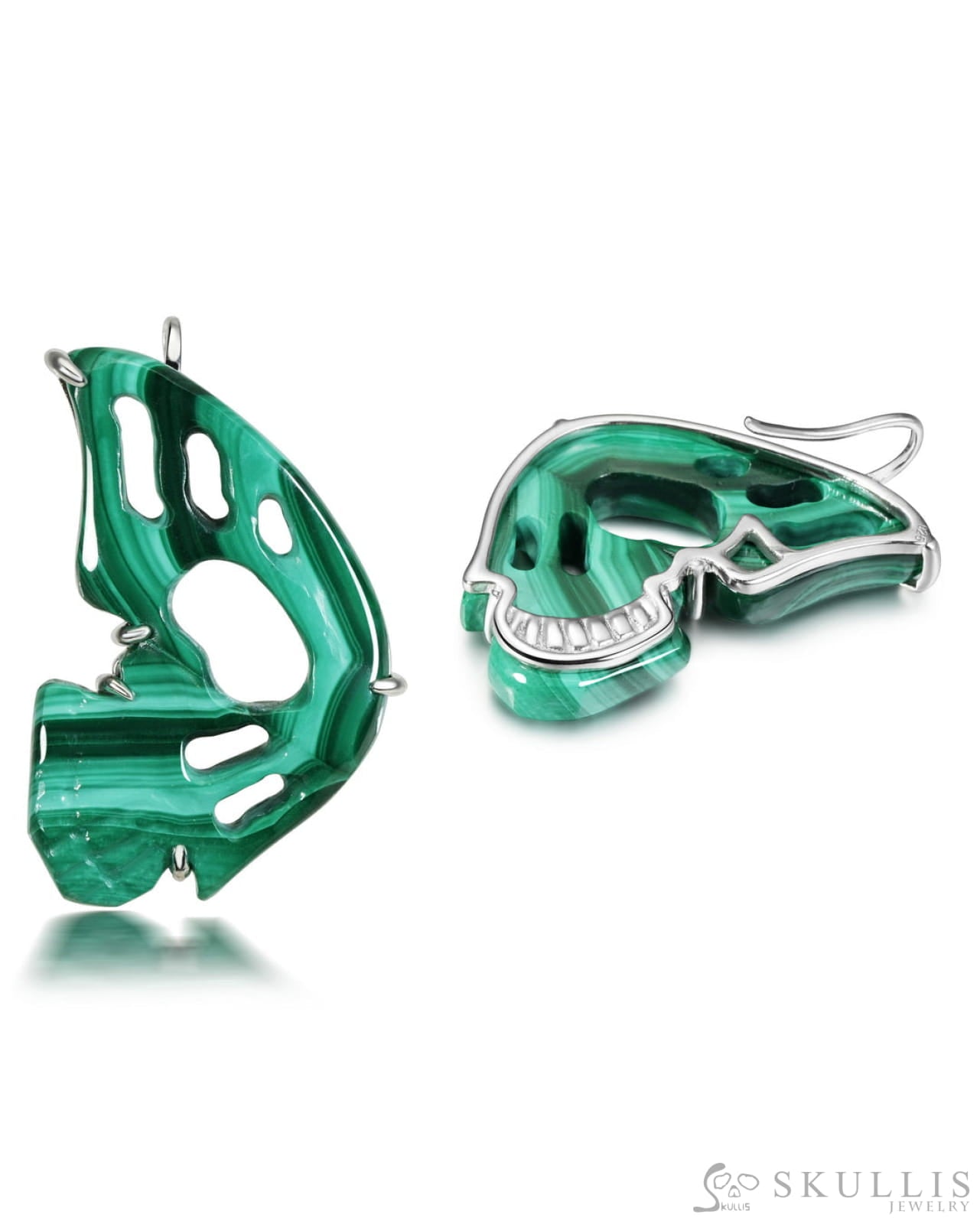 Gem Skull Earrings Of Malachite Carved 925 Butterfly Skull In 925 Sterling Silver Skull